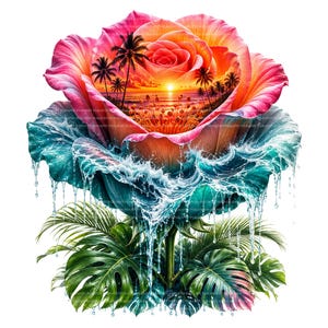 May include: A large rose flower with pink and orange petals containing a sunset beach scene with palm trees. The base of the rose is surrounded by teal water splashing and dripping over green tropical monstera leaves at the bottom.