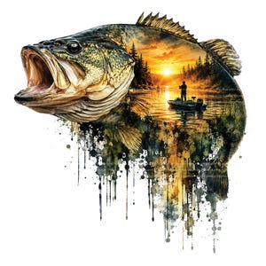 May include: A large bass fish with its mouth open, featuring a double exposure design that reveals a sunset scene over a lake with a person in a small fishing boat. The lower portion of the fish body transitions into dark, vertical paint drips.