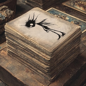 May include: A stack of vintage-style tarot cards. Each card features a black illustration of a creature with spiky hair and long legs. The cards have aged edges, suggesting a well-loved deck. The cards rest on a wooden surface.