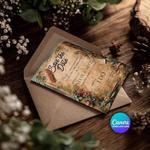 Könnte beinhalten: Eine rechteckige Save the Date-Karte mit Vintage-Pergamenttextur, verziert mit Blumenillustrationen, einer Feder und dem Text: Save the Date, Join us as Steve & Mitzi begin their greatest adventure and say I Do. Die Karte liegt in einem braunen Umschlag.