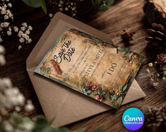 Plantilla de invitación de boda de hadas caprichosas, editable en Canva, invitación de boda de fantasía, boda romántica con temática de bosque, descarga digital.