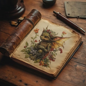 May include: An open book with a detailed illustration of a fantasy creature surrounded by flowers. The creature has green skin, a floral crown, and delicate wings. A rolled leather scroll and pen are also visible.