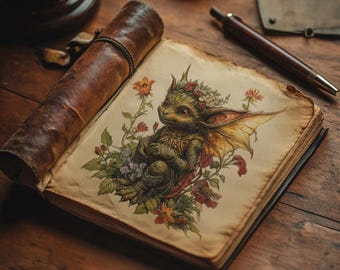 Może przedstawiać: Otwarta książka z szczegółową ilustracją fantastycznego stworzenia otoczonego kwiatami. Stworzenie ma zieloną skórę, kwiatową koronę i delikatne skrzydła. Widoczny jest również zwinięty skórzany zwój i pióro.