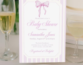 Pink Bow Baby Shower Invitation Digital Template- Instant Download