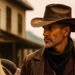 May include: A brown felt cowboy hat with a wide brim and a matching hatband, worn by a person with a dark brown leather jacket and a black neckerchief, positioned next to a light-colored horse with a blonde mane in a dusty outdoor setting.