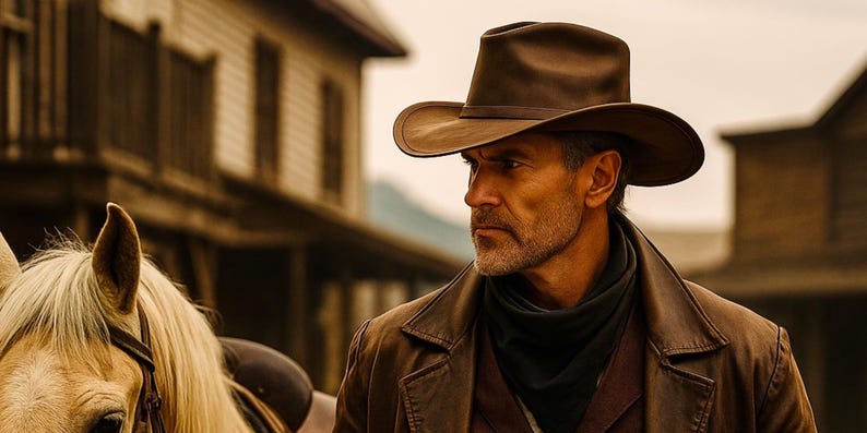 May include: A brown felt cowboy hat with a wide brim and a matching hatband, worn by a person with a dark brown leather jacket and a black neckerchief, positioned next to a light-colored horse with a blonde mane in a dusty outdoor setting.