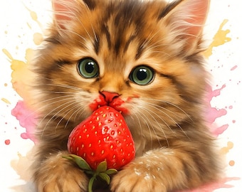 Cat Clipart Bundle, Watercolor Kitten with Strawberry PNG, Cute Cat Illustrations Transparent Background for Nursery Art and Stickers