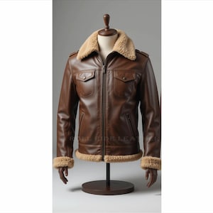 Men B3 Bomber RAF Genuine Sheepskin Leather Jacket Brown Front Pockets Leather Fur Jacket, Vintage Flying Fur Coat, Flight Aviator WW2 Coat