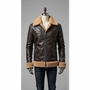 Men&#39;s RAF Genuine Lambskin Leather Jacket, Bomber Chocolate Dark Brown Fur Jacket, Aviator Sherpa Fur Coat, Flight Vintage Flying Coat Gift