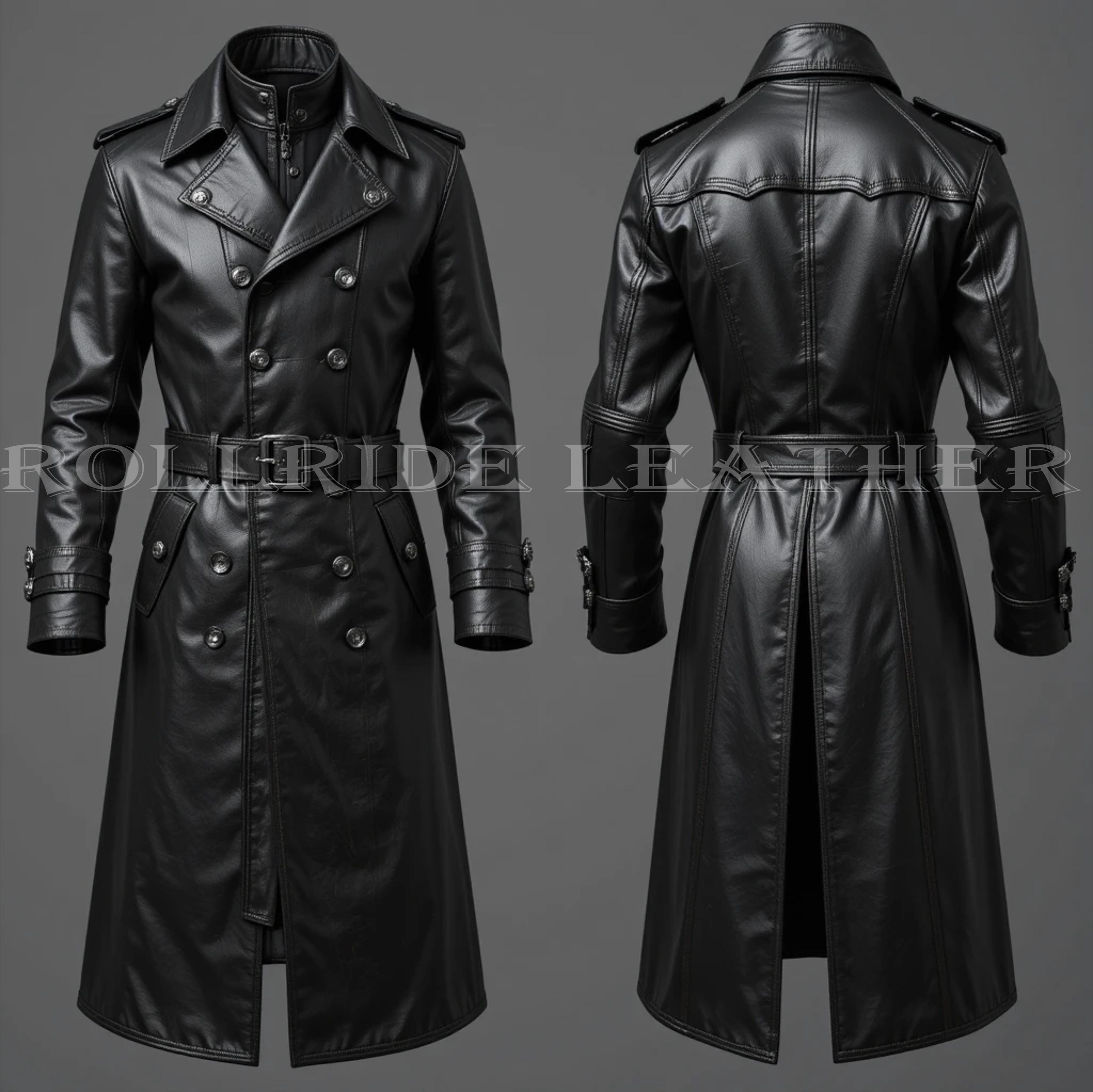 メンズ ブラックレザートレンチコート ダブルブレストロングコート