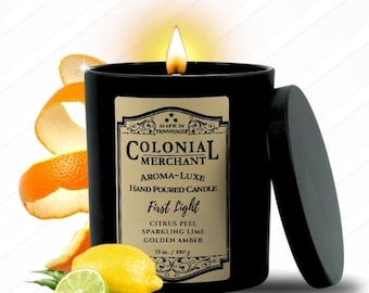 First Light Candle • Citrus Peel, Sparkling Lime & Amber • 12 oz Coconut Apricot Wax • Hand‑Poured Artisan Candle