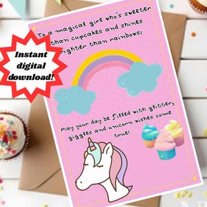 Magical Unicorn Birthday Card for Girls – Instant Download – Pink Digital Download with Rainbows & Cupcakes – Envelope Template