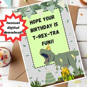 Printable T-Rex Birthday Card for Kids – Dinosaur Birthday Card – Dino card for boys – DIY Dinosaur Party Card – Envelope Template