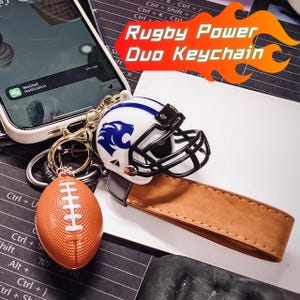 Rugby Power Duo Keychain – American Football Helmet & Ball Keychain Set