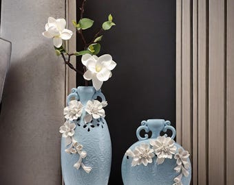 Morandi Blue Sculptural Ceramic Vase with 3D Blossoms | Cherry Blossom Bud Vase | Elegant Wedding Centerpiece Mother’s | Day gift for mom