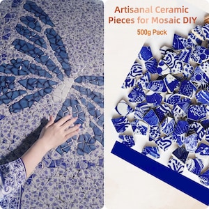 May include: Artisanal ceramic mosaic pieces in a 500g pack. The image shows a mosaic design with blue and white ceramic tiles. The tiles are arranged in a dragonfly pattern. The pack of tiles is on a white background.