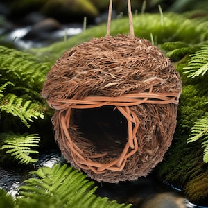 May include: A spherical, brown woven birdhouse with a circular entrance. The birdhouse is constructed from natural materials and has a woven rim around the entrance. Two natural fibre strings are attached to the top for hanging. The background features green foliage and a stream.