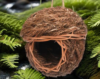 Handmade Hanging Bird Nests – Natural Japanese Cedar & Woven Grass Birdhouses | Rustic Garden Gifts, Chickadee House, Mother’s Day idea