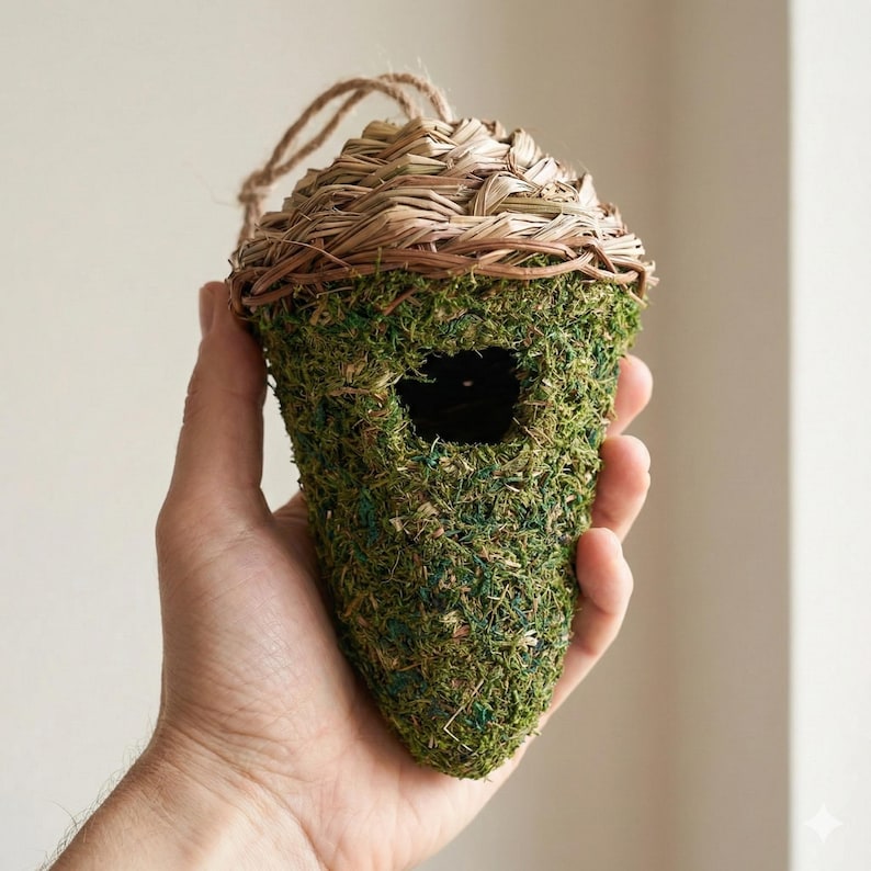 手作りの吊り下げ式鳥の巣 – 天然の日本の杉と編み草で作られた鳥の巣箱 | 素朴なガーデンギフト、シジュウカラの家、母の日のアイデア 画像 11