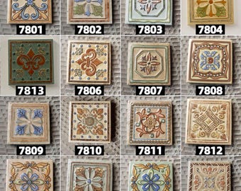 Lot de 10 mini mosaïques méditerranéennes Talavera, accent floral William Morris, sauge/beige/terre cuite