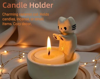 猫のキャンドルホルダー、セラミック製ティーライト、猫好きママへのギフト、夏のコテージコアインテリア、新築祝い