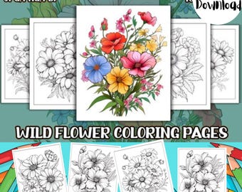 Floral Coloring Pages, 5 Printable Flower Designs (Digital Download)