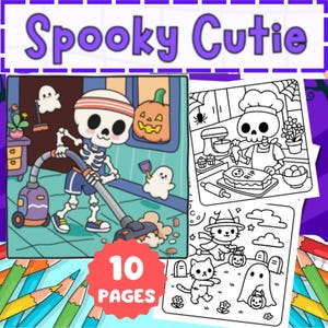 Könnte beinhalten: Ein Malbuch zum Thema Halloween mit dem Text "Spooky Cutie" oben. Das Cover zeigt ein Skelett beim Staubsaugen, einen Kürbis und Geister. Das Buch enthält 10 Seiten mit Ausmalbildern mit Halloween-Illustrationen.