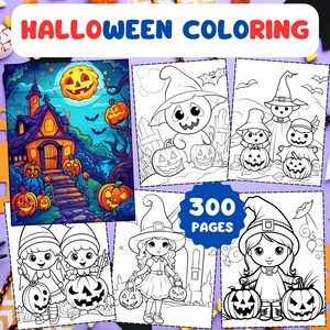 Puede incluir: Un libro para colorear de Halloween con el texto "HALLOWEEN COLORING" en rojo y azul. El libro presenta varias ilustraciones temáticas de Halloween, incluyendo una casa embrujada, calabazas y personajes con sombreros de bruja. El libro tiene 300 páginas.