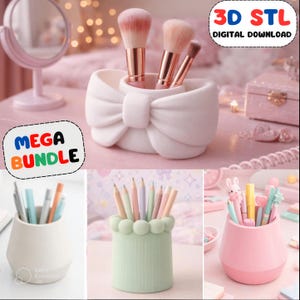 Mega Bundle 3D Printable Pen Holder Organizer, Bow Makeup Organizer STL, Desk Pen Holder for 3D Print, Cute Office Desk Decor