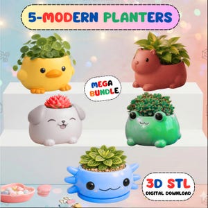 May include: A collection of five modern planters in the shape of animals, including a yellow duck, a brown capybara, a white dog, a green frog, and a blue axolotl. Each planter holds a small plant. The image includes the text "5-MODERN PLANTERS" and "MEGA BUNDLE".