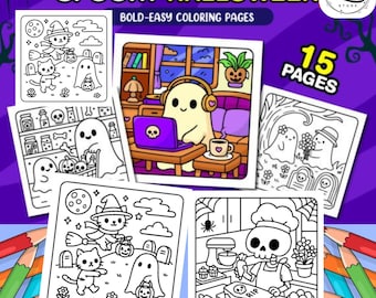 Könnte beinhalten: Eine Sammlung von 15 Halloween-Malvorlagen. Die Seiten zeigen kräftige, leicht auszumalende Illustrationen von Geistern, Katzen und Skeletten in verschiedenen gruseligen Szenen. Auf dem Cover steht "Spooky Halloween" und "Bold-Easy Coloring Pages".