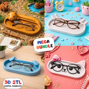 Puede incluir: Una colección de cuatro bandejas decorativas, cada una con un diseño único, que sostienen gafas. Las bandejas incluyen un carpincho, orejas de conejo, orejas de perro y una cara de gato. La imagen también incluye el texto "MEGA BUNDLE" y "3D STL DIGITAL DOWNLOAD".