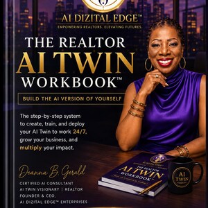 May include: A book titled The Realtor AI Twin Workbook with a purple cover, featuring a gold logo and text. The cover displays the author Deanna B. Gerald, a subtitle about building an AI version of yourself, and five icons labeled Clarity, Systems, Automation, Growth, and Freedom.