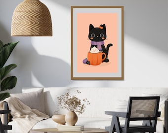 Impressão artística de gato de abóbora e especiarias kawaii, decoração fofa de Halloween com gato preto, download digital, arte de parede aconchegante de outono, pôster de cozinha e café de outono