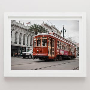 Impressão de bonde de Nova Orleans, Canal Street, fotografia de paisagem urbana, arte de parede minimalista