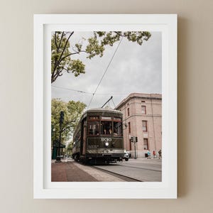 Impressão de bonde de Nova Orleans, fotografia de paisagem urbana, arte de parede minimalista