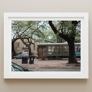 Impressão de bonde de Nova Orleans, fotografia de paisagem urbana, arte de parede minimalista