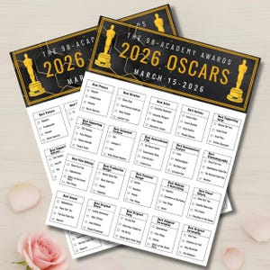 May include: Three black and gold Academy Awards ballots for the 2026 Oscars, with categories like Best Picture and Best Actor. The text reads "The 98-Academy Awards 2026 Oscars March 15-2026."