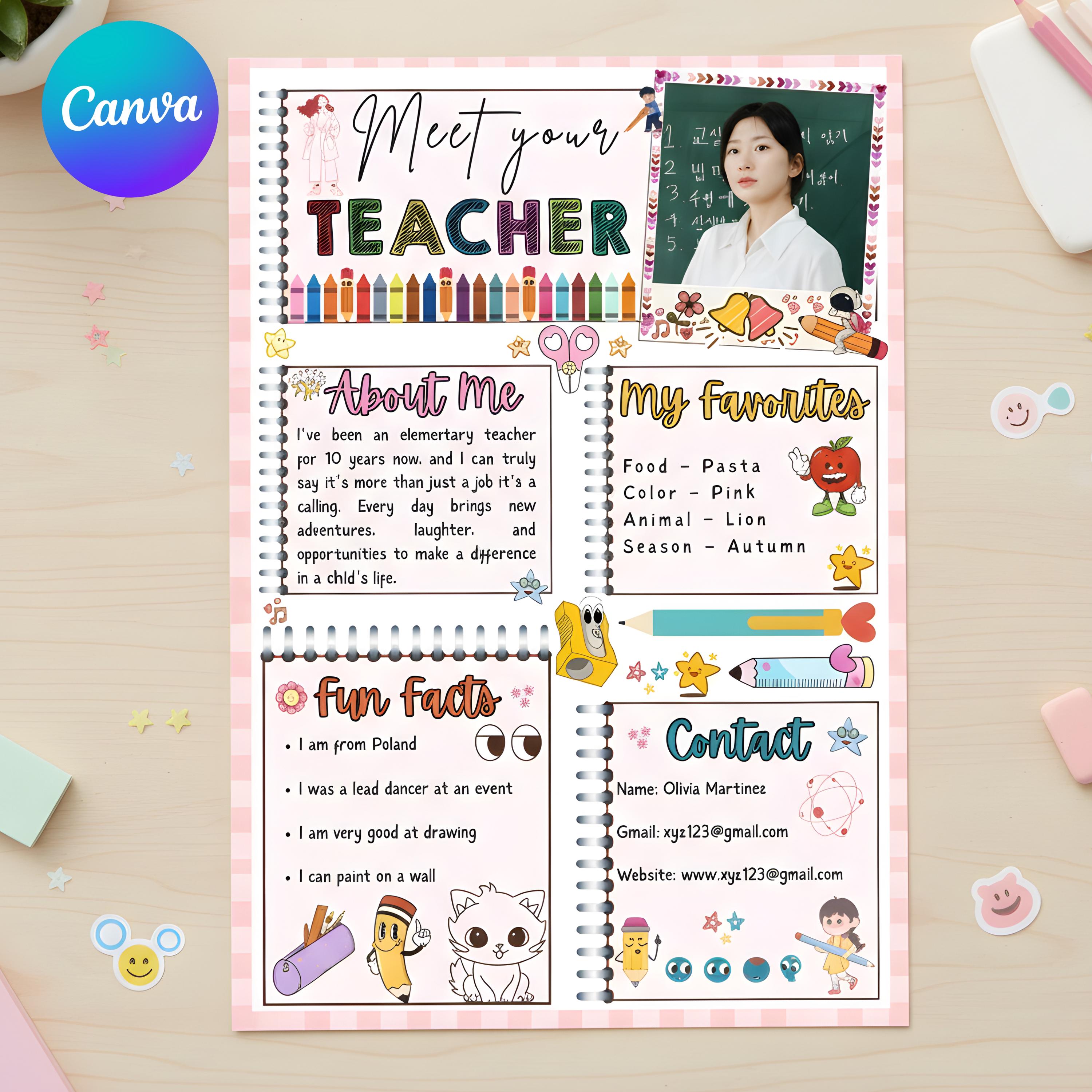 Editable Meet Your Teacher Canva Template, Teacher Intro Page, Back to ...