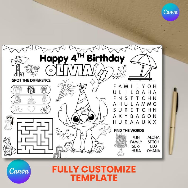 activity placemat
coloring placemat
stitch birthday
party activity sheet
stitch coloring page
birthday activity
custom party favor
kids activity mat
editable template
goody bag printable
birthday party game
kids party games
table mat