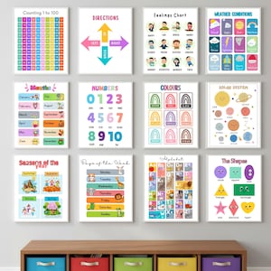 May include: A collection of educational posters for children, featuring topics like counting, directions, feelings, weather, months, numbers, colors, the solar system, seasons, days of the week, the alphabet, and shapes. Each poster has a colorful design.