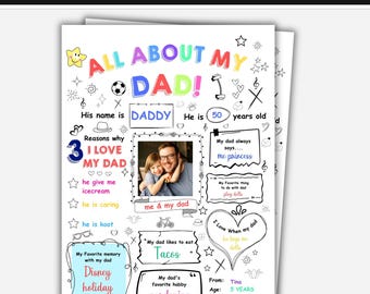 All About My Dad Printable Fathers Day Activity, Kids Fill In Blank Worksheet, Dad Coloring Page Gift From Kids