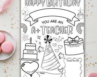 Carte d'anniversaire de prof à colorier, imprimable, feuille d'activités pour enfants sur toile modifiable, cadeau de remerciement pour enseignant, carte de classe