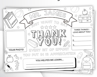 Teacher Thank You Coloring Page, Editable Appreciation Worksheet, Canva End of Year Student Activity Printable
