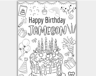Plantilla editable de Canva para colorear cumpleaños, hoja para colorear personalizada para niños, actividad imprimible para fiestas con nombre personalizado (descarga instantánea)