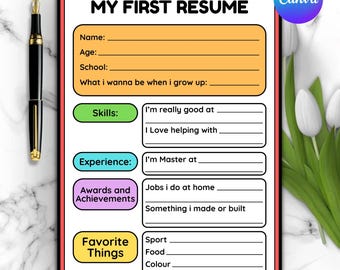 Kids' First Resume Template: Editable Canva Worksheet, Student Career Activity