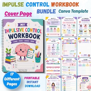 May include: A colourful workbook titled "My Impulsive Control Workbook" with a cartoon brain character on the cover. The cover page includes the text "Learn, Pause, Choose, Grow." The bundle includes 17 different printable pages covering impulse control.
