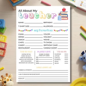 Editable Teacher Favorite Things Template, Get to Know Teacher Survey Printable, Questionnaire Form, Meet the Teacher, Digital Download