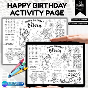 以下が含まれることがあります： 「HAPPY BIRTHDAY ACTIVITY PAGE」と「HAPPY BIRTHDAY Olivia」の文字が入った白黒のアクティビティページ。単語検索、迷路、妖精のイラストが含まれています。色鉛筆が見えます。
