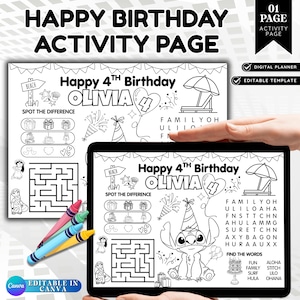 May include: A black and white activity page for a 4th birthday, featuring a maze, spot the difference, and word search. The page includes the text "Happy 4th Birthday Olivia" and is editable in Canva. A tablet displays the activity page, with colorful crayons.
